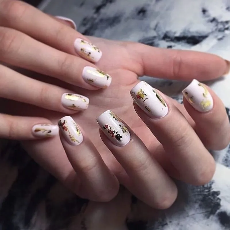 30 White Nails with Gold Flakes: Acrylic, Coffin, Ombre, Marble Nail Designs