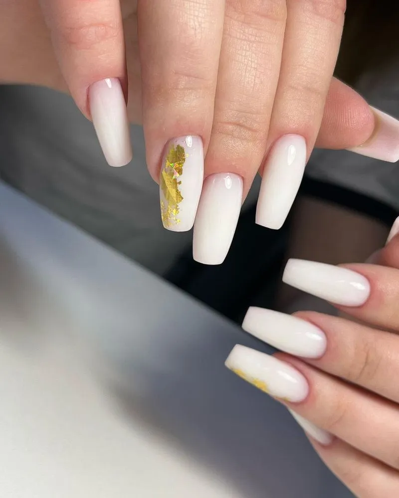 30 White Nails with Gold Flakes: Acrylic, Coffin, Ombre, Marble Nail Designs